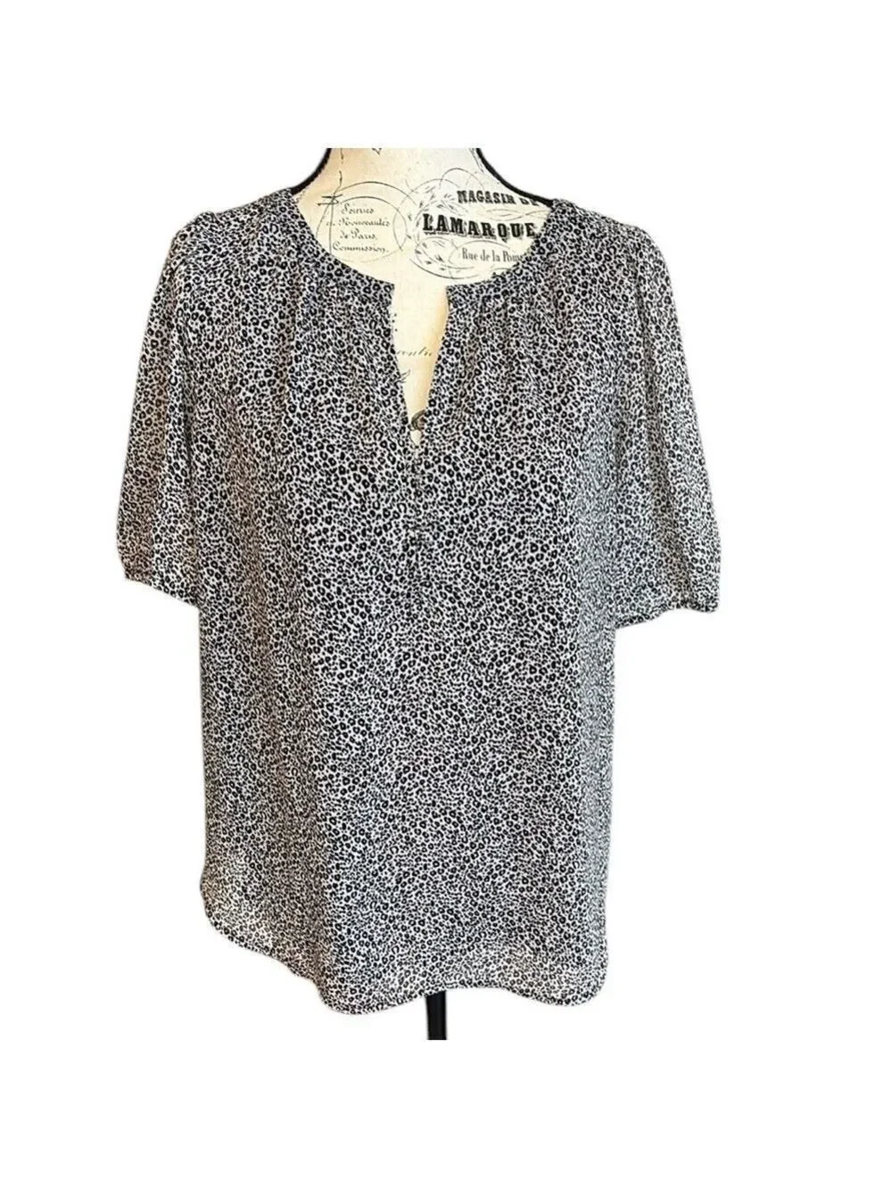 Loft Leopard Print Blouse Puff Sleeve Henley Black & White Size M